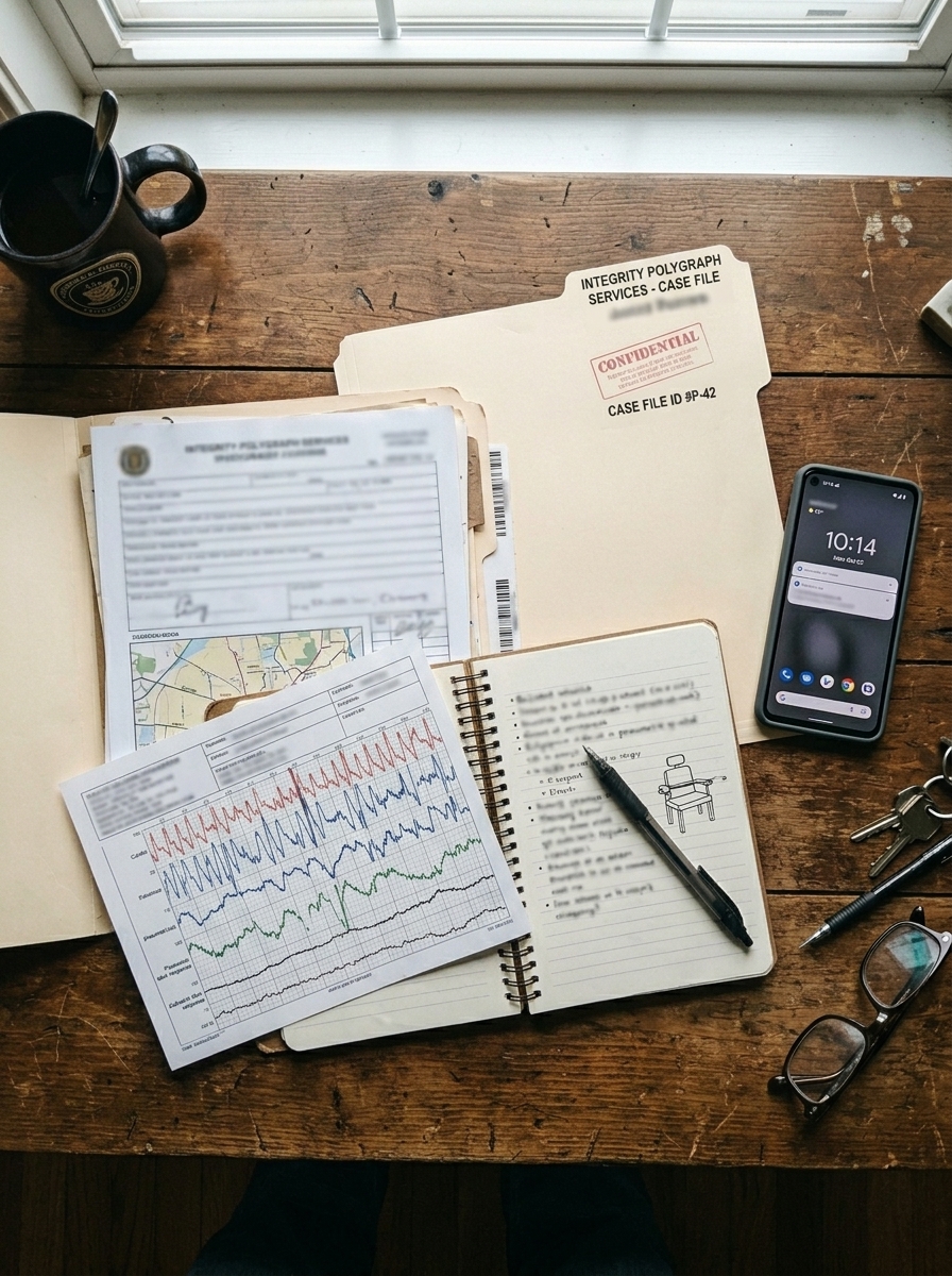 Case file on an office desk representing professional investigation and polygraph services