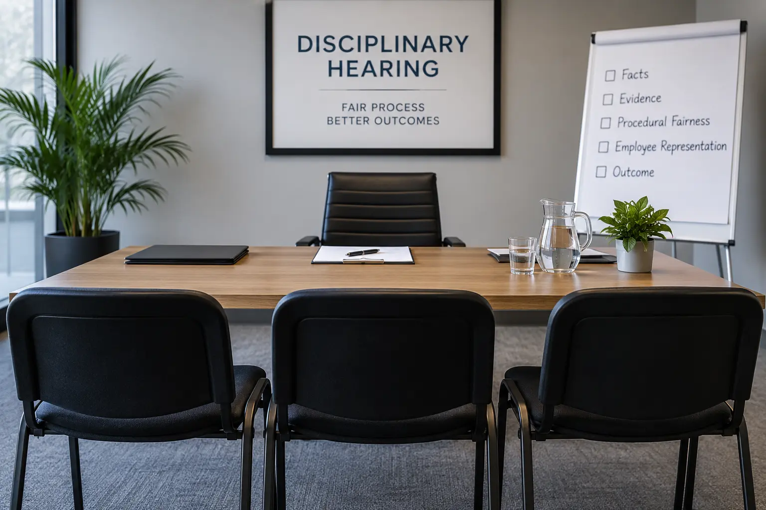 Professional disciplinary hearing room prepared for a workplace disciplinary process