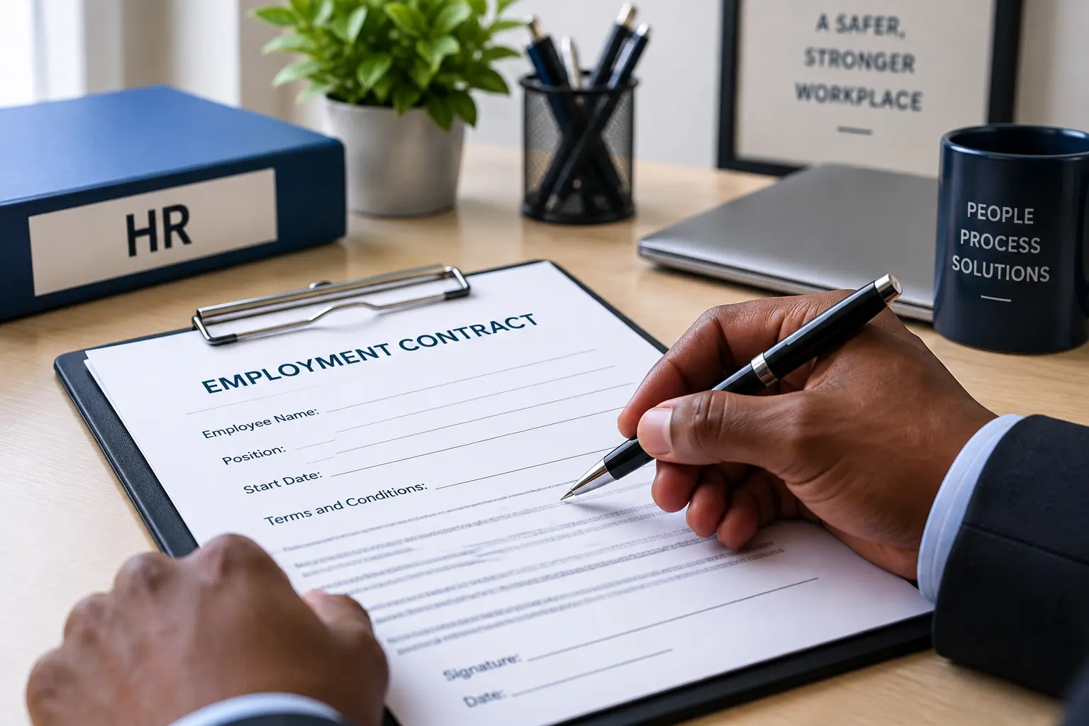 Employment contract being signed as part of professional labour assistance and HR support