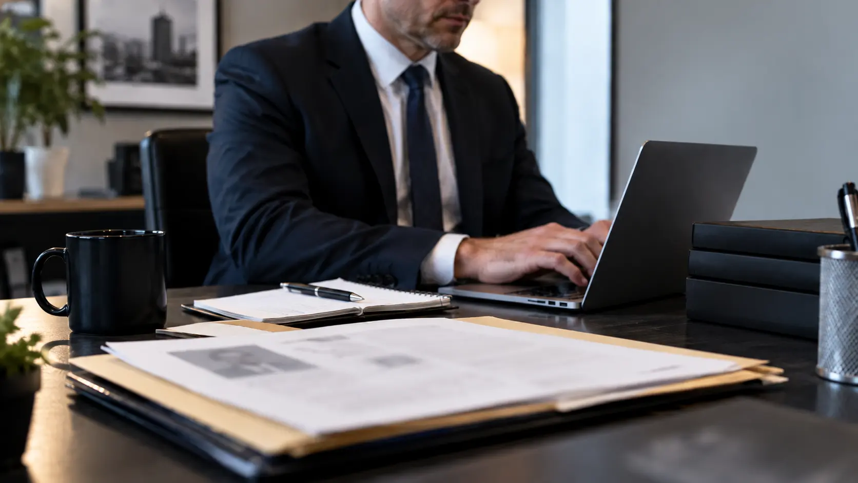 Private investigator working at a desk with a laptop and background investigation documents